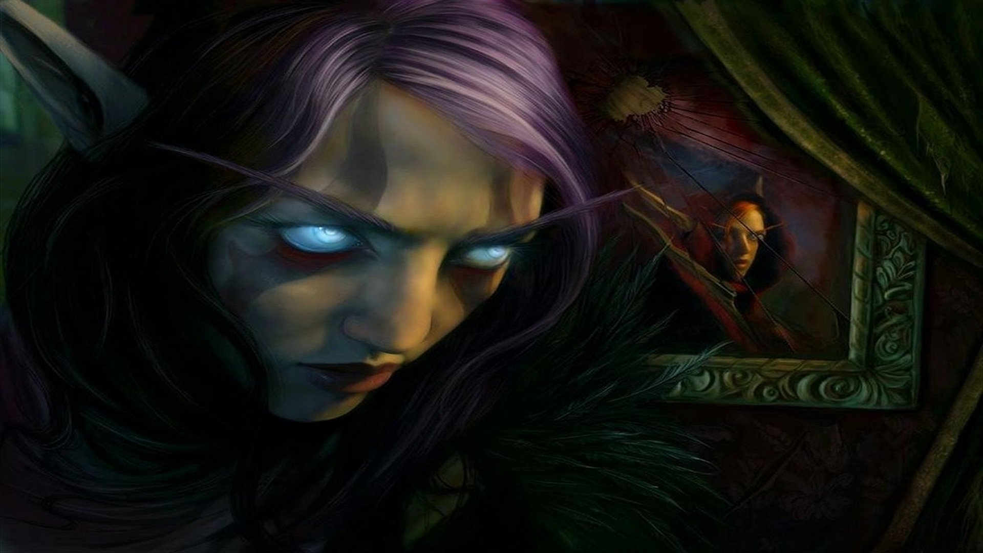 Dark fantasy 4K Ultra HD PC desktop wallpaper: close-up of a pale, purple-haired sorceress with glowing eyes in shadow, an ornate framed portrait of a hooded figure behind her.