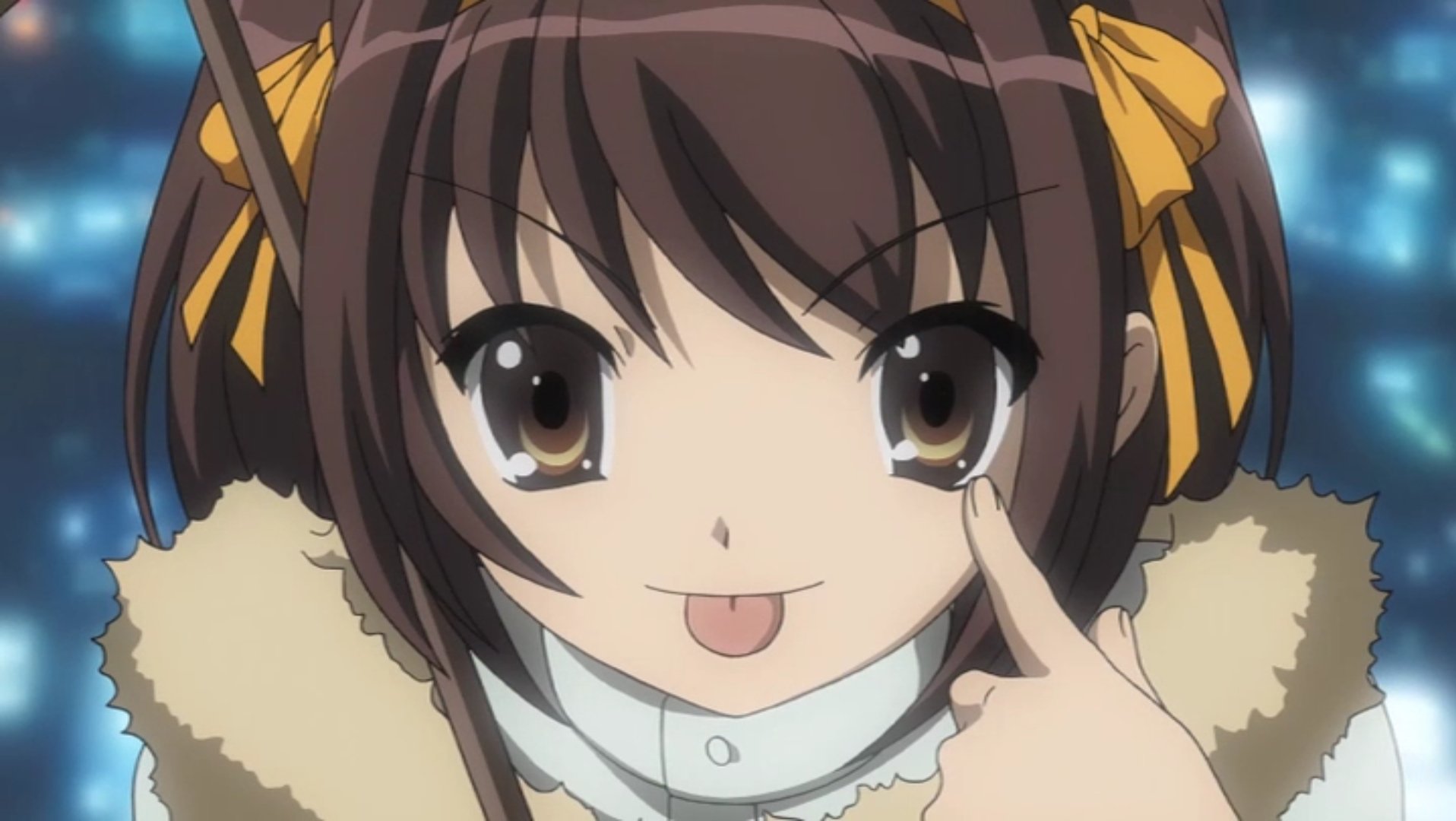 Close-up of Haruhi Suzumiya from The Melancholy of Haruhi Suzumiya anime, playful expression with tongue out and yellow hair ribbons; HD PC desktop wallpaper background.