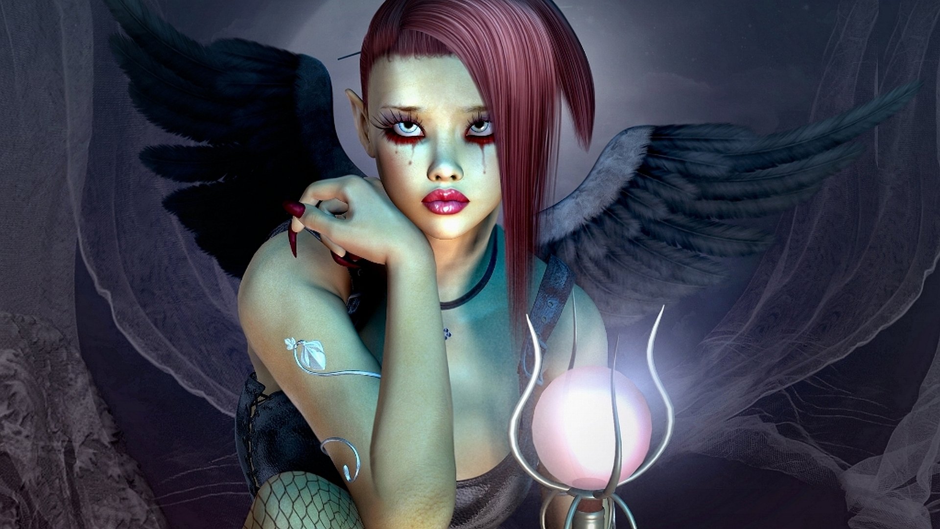 A 4K Ultra HD fantasy PC wallpaper featuring a dark-winged angel with pink hair holding a glowing orb against a shadowy background.