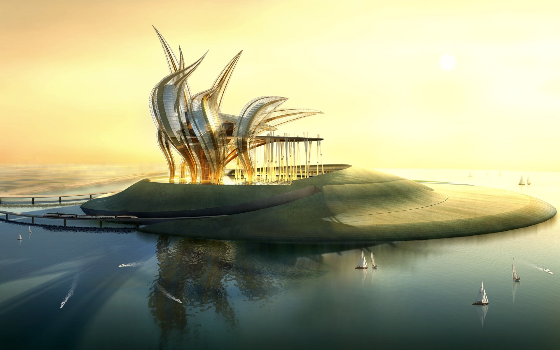 An artistic depiction of a modern building on an island at sunset, with vibrant colors reflecting on the water and sailboats in the distance, capturing tranquility and beauty.