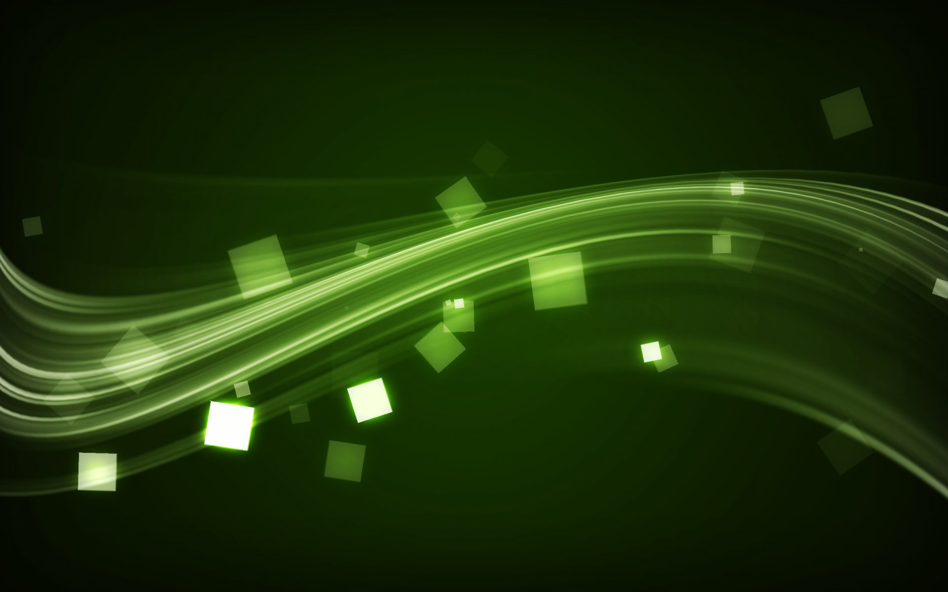 Abstract green wave pattern with glowing squares on a dark background, designed as an HD PC desktop wallpaper and background.