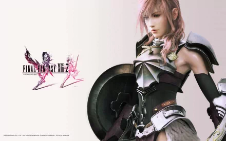 A striking HD wallpaper featuring Lightning, the warrior from Final Fantasy XIII and XIII-2, showcases her fierce determination and iconic armor in a vibrant video game setting.