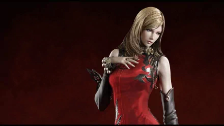 HD PC desktop wallpaper from the video game AION: blonde female character in a red dress with an armored gauntlet, posed against a dark red textured background.