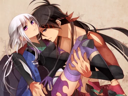 A dynamic HD wallpaper featuring Togame and Shichika Yasuri from the anime Katanagatari, capturing an intense moment between the characters in vibrant colors.