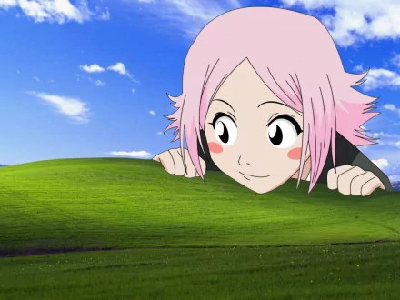 A whimsical HD wallpaper featuring Yachiru Kusajishi from the anime Bleach, playfully peeking over a vibrant green hill under a bright blue sky.