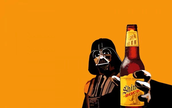 A vibrant HD desktop wallpaper featuring Darth Vader holding a beer against an orange background, blending iconic Star Wars imagery with a playful food scene.