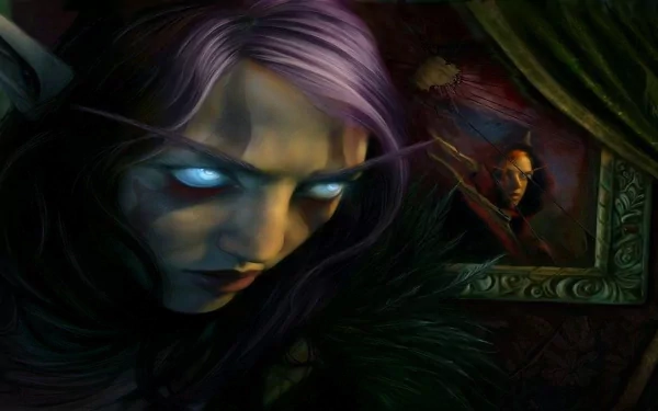 Dark fantasy 4K Ultra HD PC desktop wallpaper: close-up of a pale, purple-haired sorceress with glowing eyes in shadow, an ornate framed portrait of a hooded figure behind her.