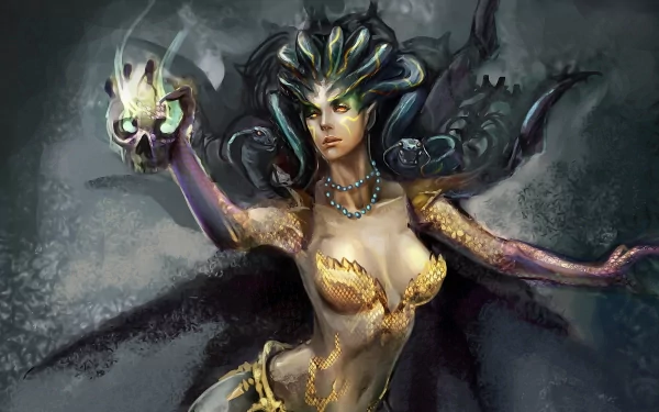 Runes Of Magic video game 4K Ultra HD PC desktop wallpaper — dark sorceress with medusa-like hair holding a glowing skull, clad in ornate golden armor and a shadowy cloak.