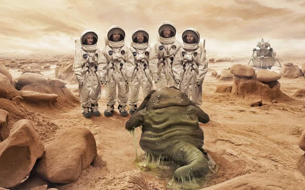 A group of astronauts stands on a barren alien landscape, facing a strange, slimy creature. This HD desktop wallpaper captures a captivating sci-fi scene.