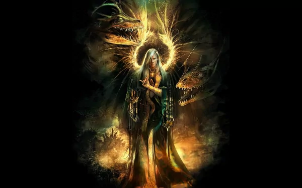 Fantasy sorcerer enveloped in glowing magic, surrounded by mystical dragons, rendered in vivid detail for a 4K Ultra HD PC desktop wallpaper.