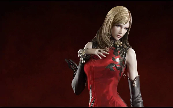 HD PC desktop wallpaper from the video game AION: blonde female character in a red dress with an armored gauntlet, posed against a dark red textured background.