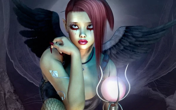 A 4K Ultra HD fantasy PC wallpaper featuring a dark-winged angel with pink hair holding a glowing orb against a shadowy background.