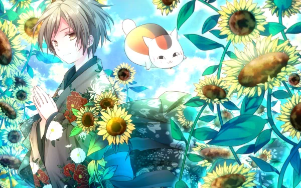 A vibrant HD wallpaper featuring Takashi Natsume from Natsume's Book of Friends, standing serenely amidst sunflowers with a mystical cat floating nearby.