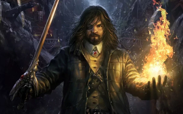 A powerful sorcerer stands in a dark, mystical setting, wielding a sword and conjuring flames in his hand. This enchanting image serves as an HD fantasy wallpaper for PC desktops.