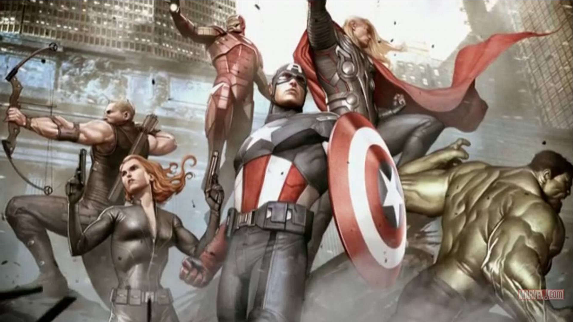 Avengers superheroes in action: Hawkeye, Black Widow, Iron Man, Captain America, Thor, and Hulk.