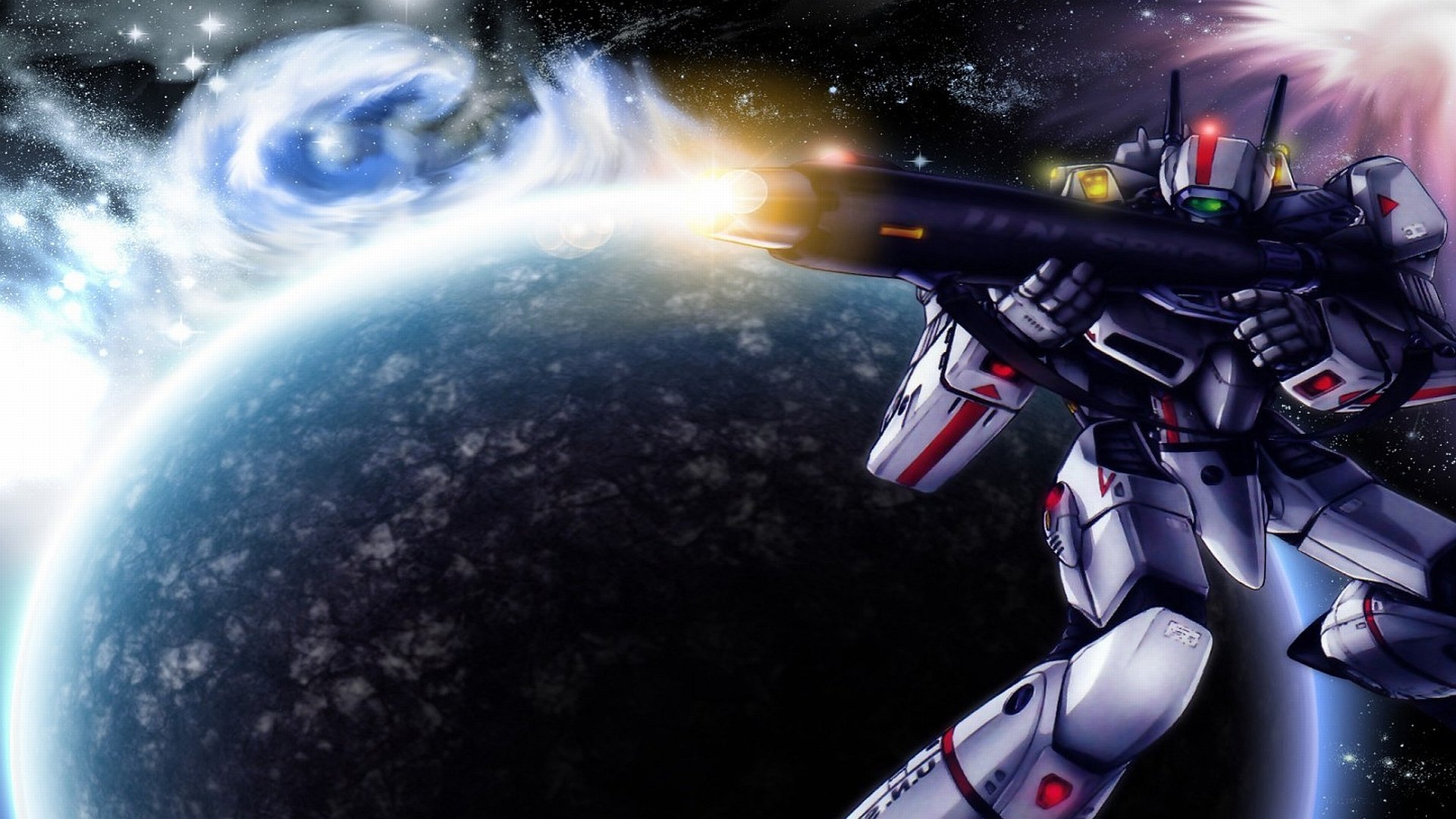 Anime Robotech mecha aiming a beam rifle from orbit at a glowing planet, HD PC desktop wallpaper background.