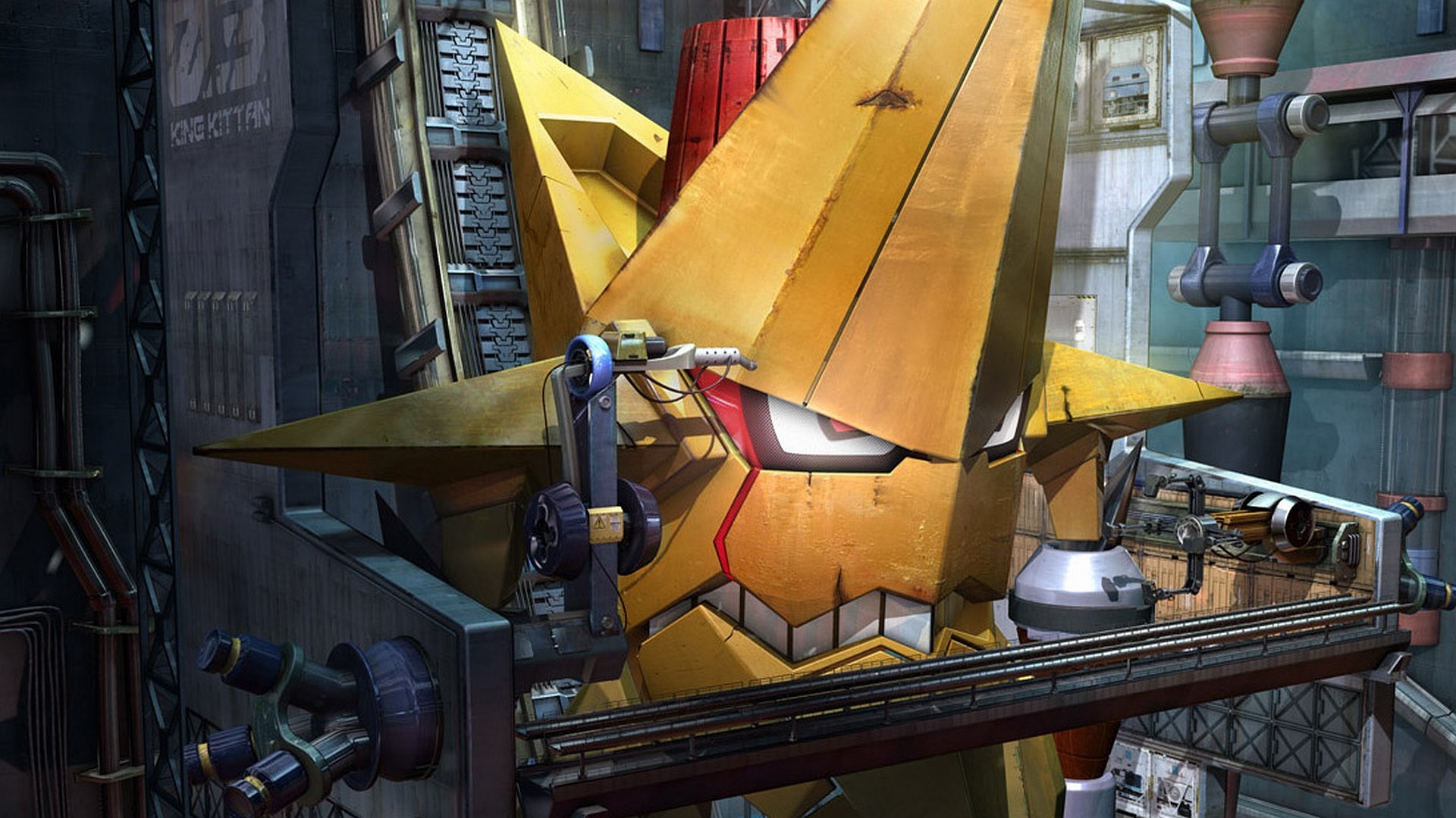 HD PC desktop wallpaper featuring a detailed mechanical head of the gold star-shaped mecha from the anime Tengen Toppa Gurren Lagann in an industrial setting.
