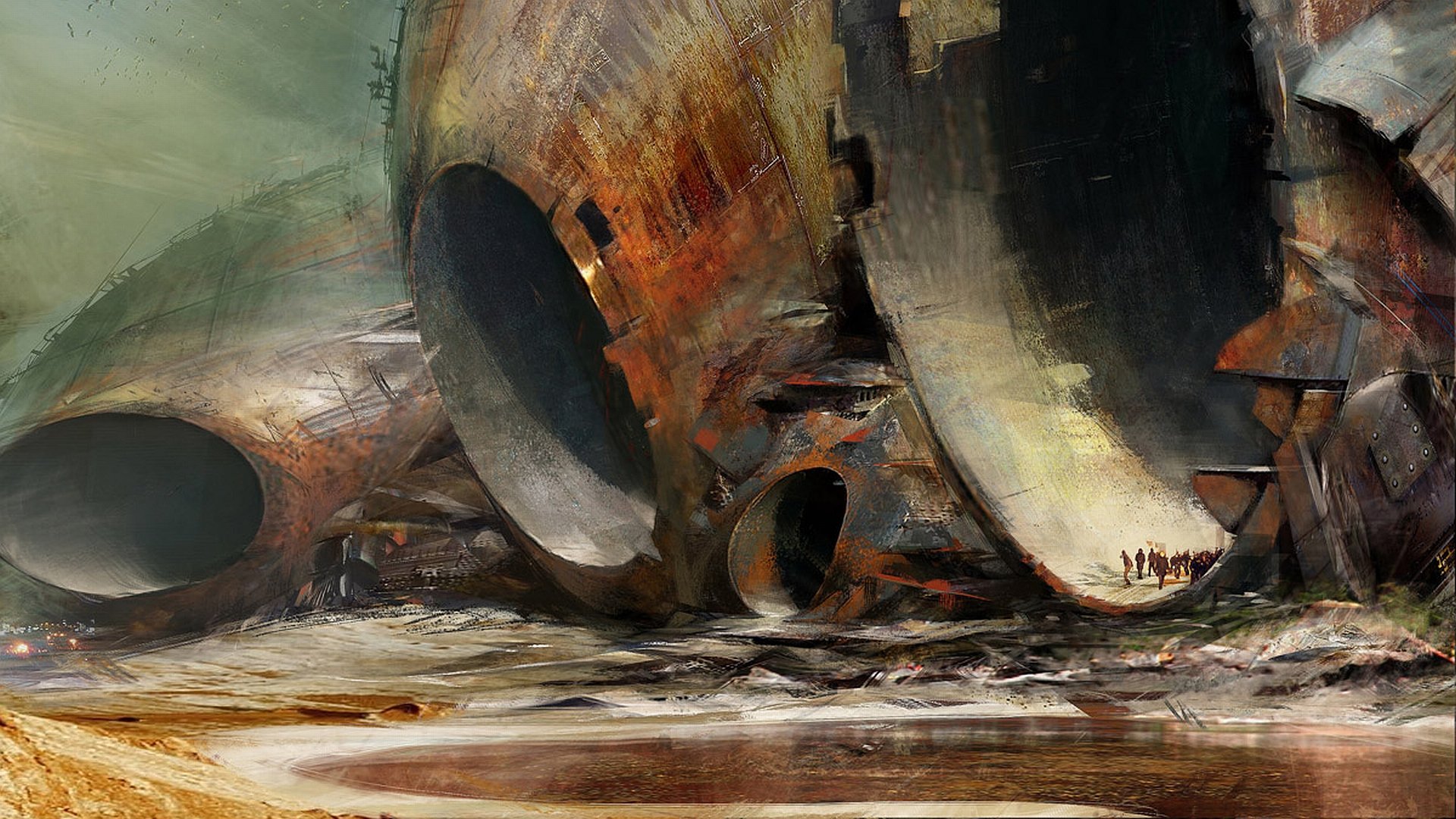 A high-definition sci-fi fantasy desktop wallpaper depicting colossal, rusted cylindrical structures partially buried in a barren landscape with tiny human figures nearby.