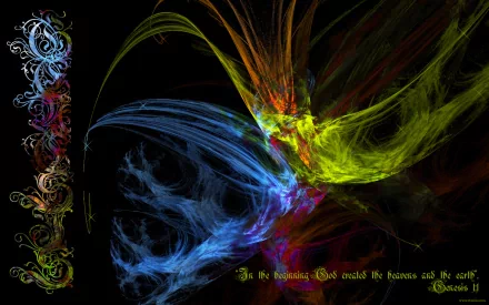 HD desktop wallpaper with vibrant abstract colors and Christian religious text, featuring a Genesis 1:1 quote on a dark background.