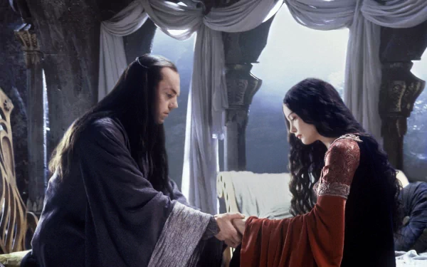 HD desktop wallpaper featuring a scene from The Lord of the Rings: The Return of the King, showing a solemn moment between two characters in a dimly lit room.