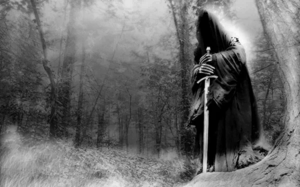 A high-definition desktop wallpaper featuring a dark, hooded figure from The Lord of the Rings, standing ominously in a misty, dense forest with a sword in hand.