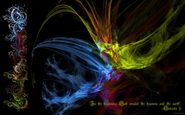 HD desktop wallpaper with vibrant abstract colors and Christian religious text, featuring a Genesis 1:1 quote on a dark background.