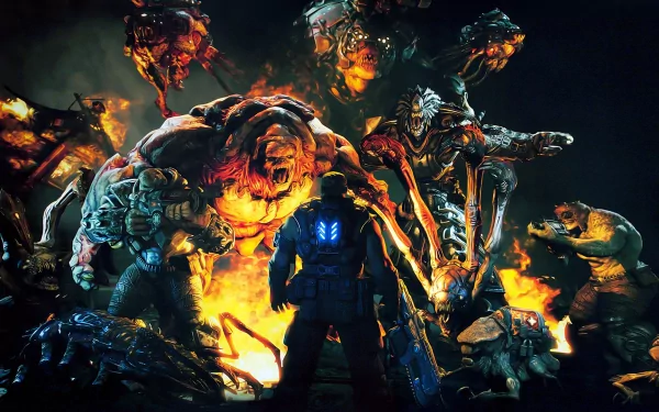 HD PC desktop wallpaper featuring intense characters from the video game Gears of War 3 in a fiery, action-packed scene.