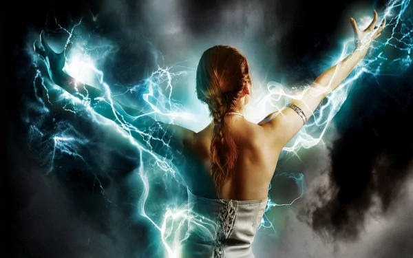 A powerful fantasy scene featuring a witch with outstretched arms surrounded by blue lightning, set against a dark, mystical background. This HD wallpaper captures magical energy.