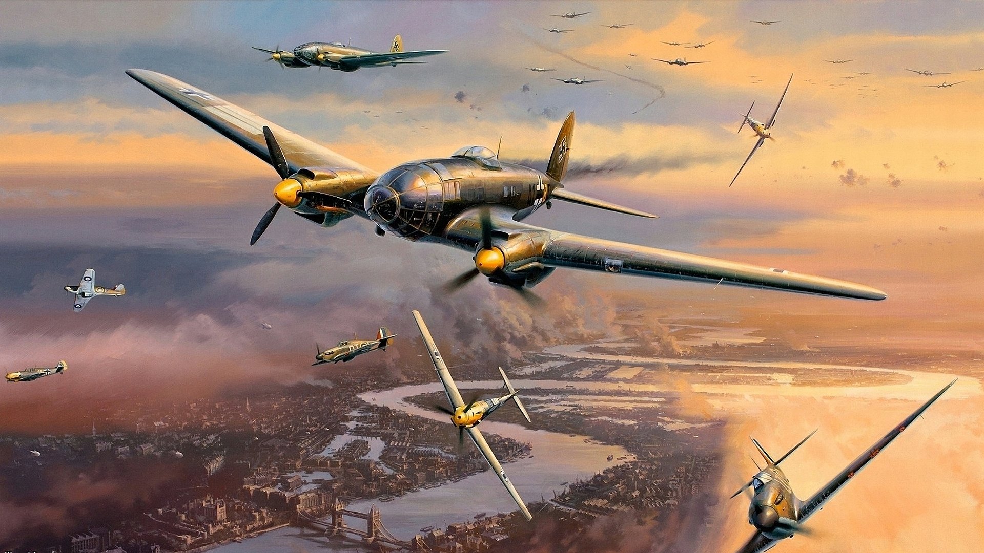 HD desktop wallpaper featuring a formation of Heinkel He 111 military aircraft flying over a city at sunset.
