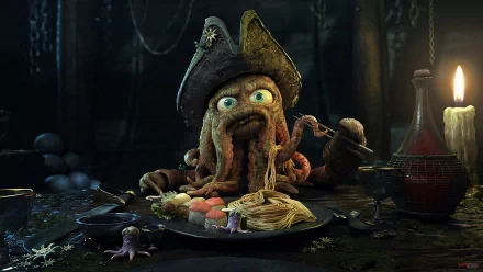 HD fantasy pirate-themed desktop wallpaper featuring a whimsical octopus pirate seated at a table with assorted seafood and nautical decor in a dimly lit setting.