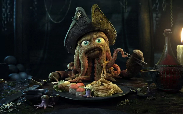 HD fantasy pirate-themed desktop wallpaper featuring a whimsical octopus pirate seated at a table with assorted seafood and nautical decor in a dimly lit setting.