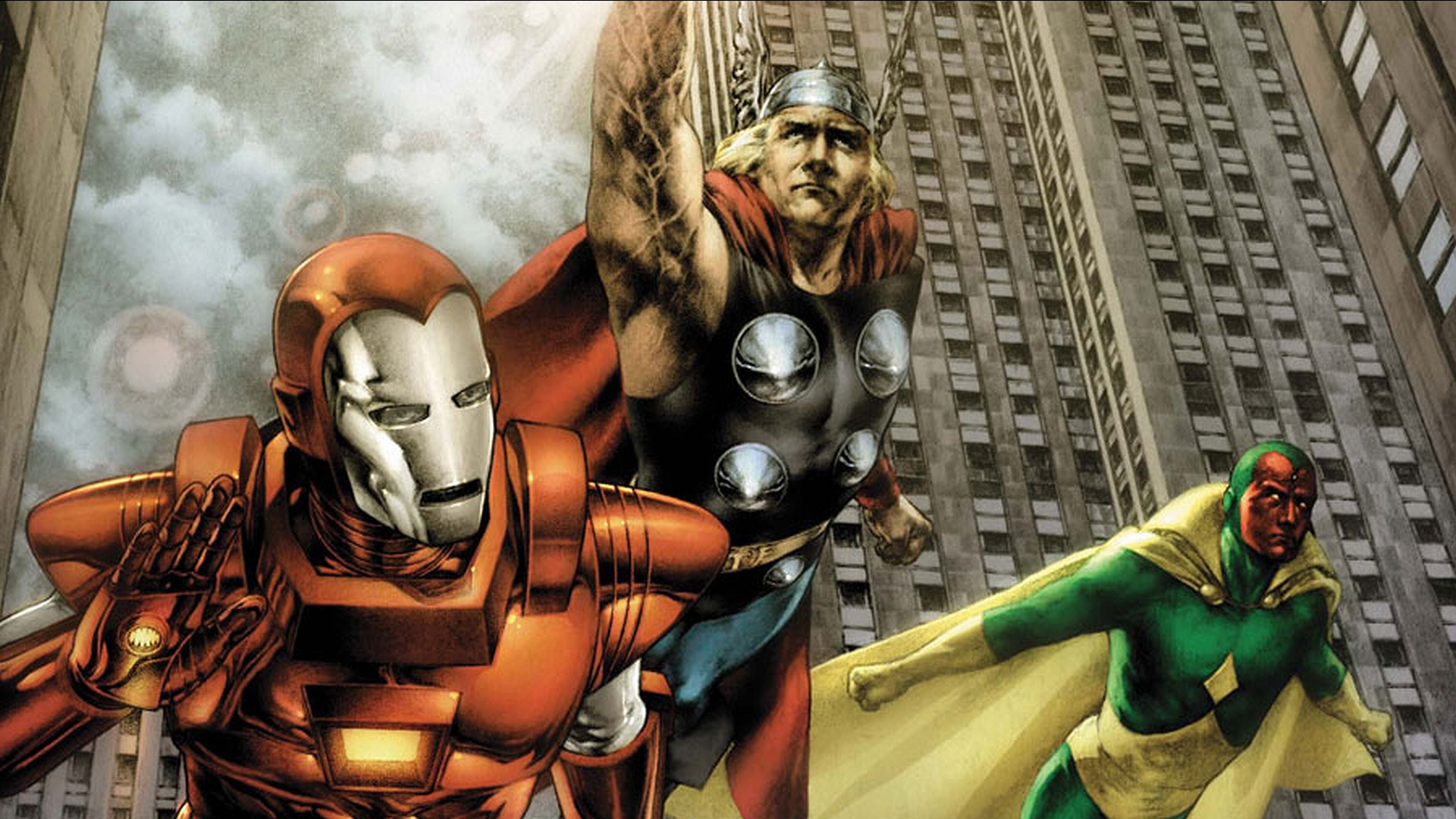 Marvel's mighty Avengers including Iron Man, Thor, and Vision assembled in a dynamic comic art wallpaper.
