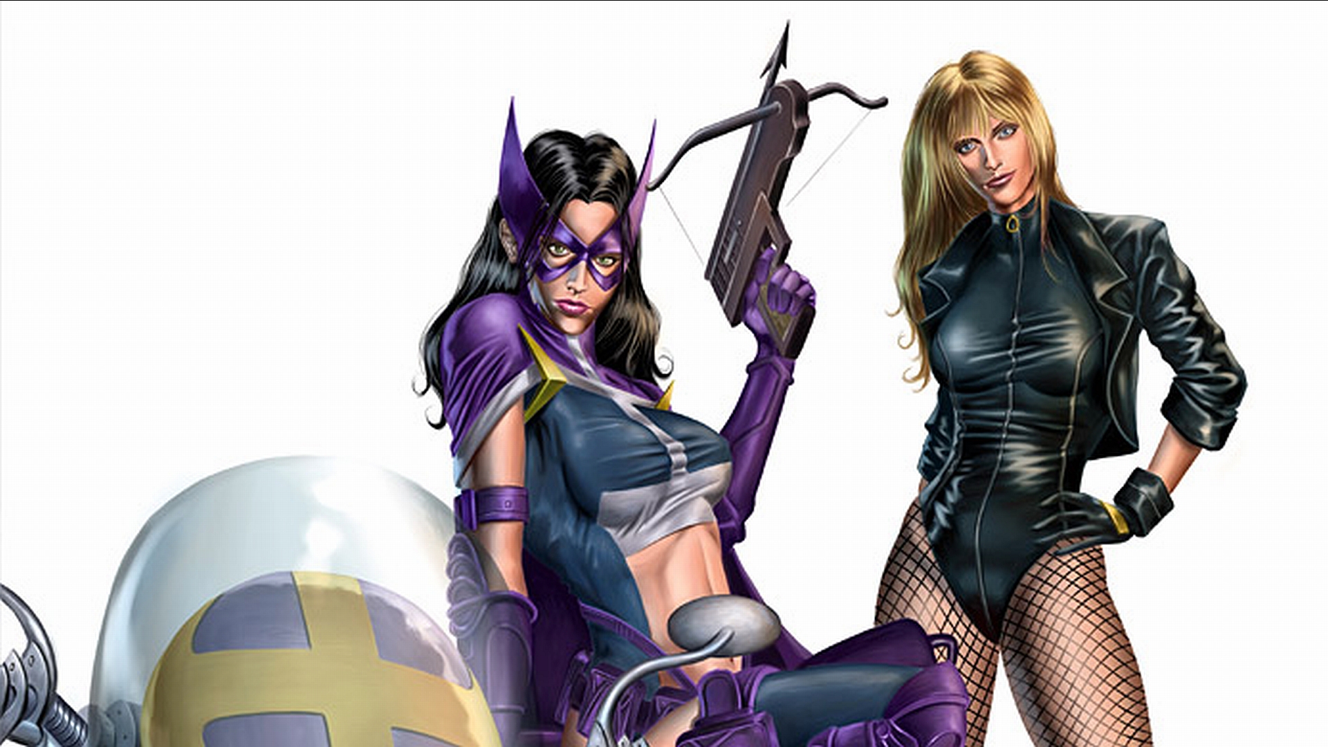 DC Comics' vigilante heroines, Black Canary and Huntress, prepare to take flight on their motorcycles, armed with a crossbow and a mask