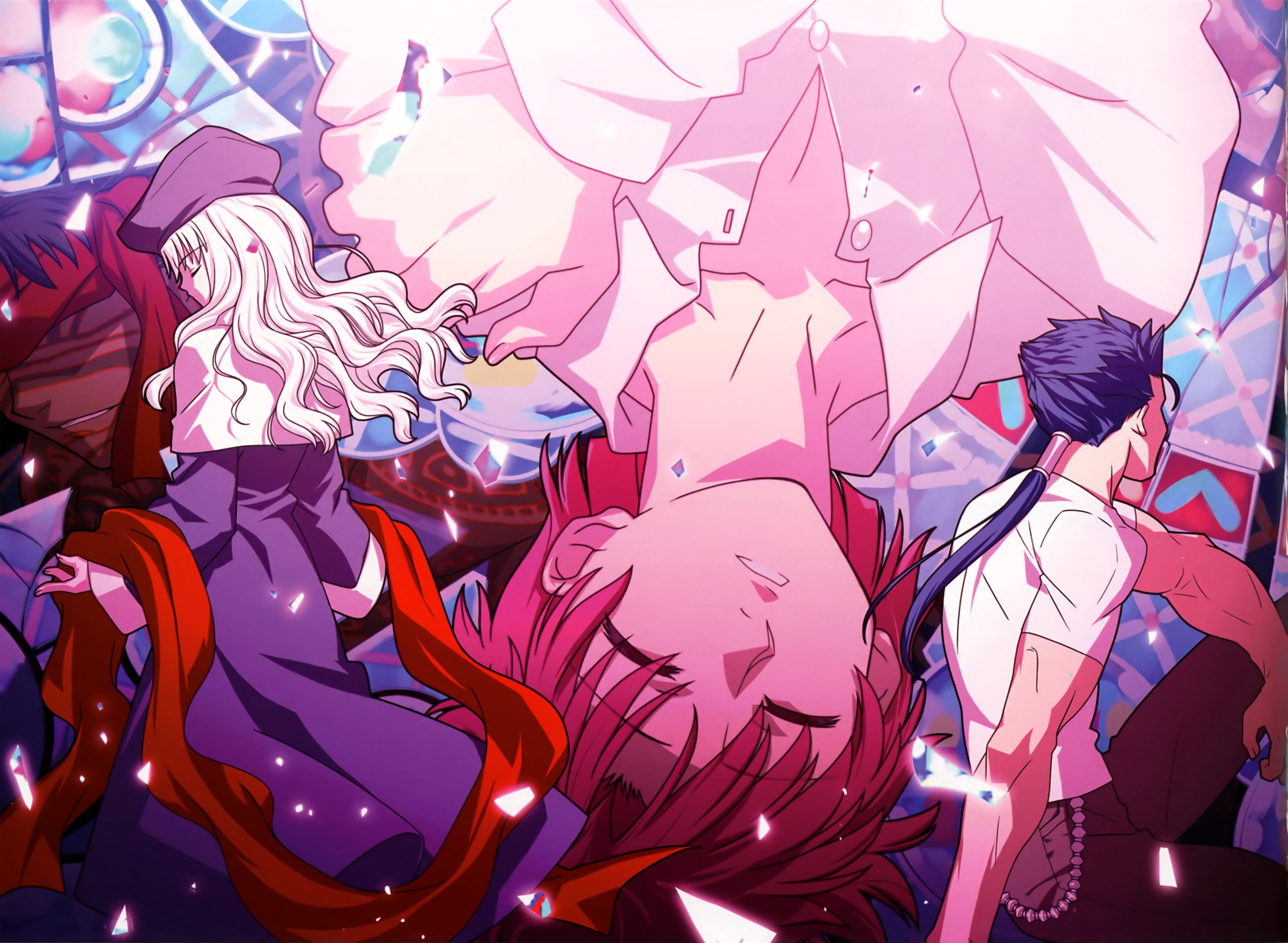 Fate/Stay Night characters Lancer, Sola-Ui Nuada-Re Sophia-Ri, Caren Hortensia, and Bazett Fraga McRemitz in anime-styled desktop wallpaper.