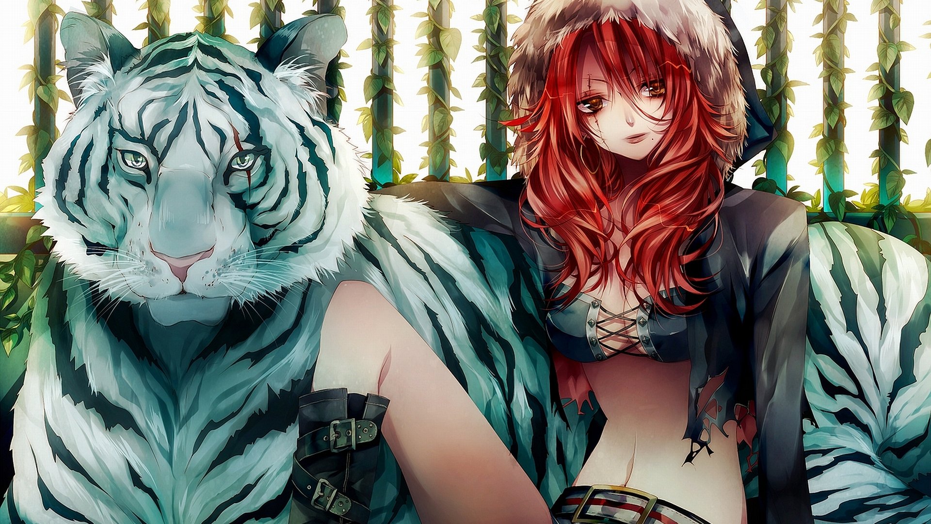 HD anime original desktop wallpaper featuring a red-haired girl with a fur-lined hood sitting beside a large white tiger against a bamboo forest background.