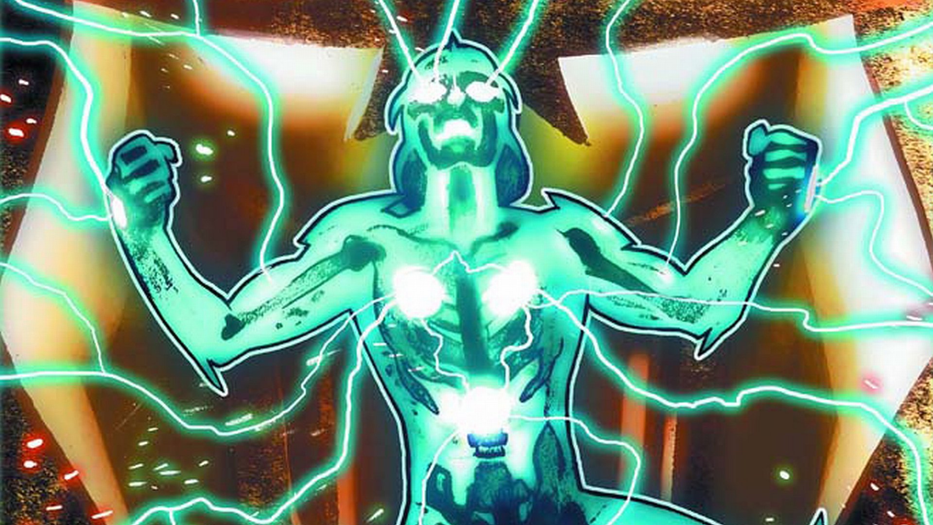 Comic Nova glowing with teal energy, chest core blazing, fists raised as lightning arcs around him in a dramatic pose — HD PC desktop wallpaper.