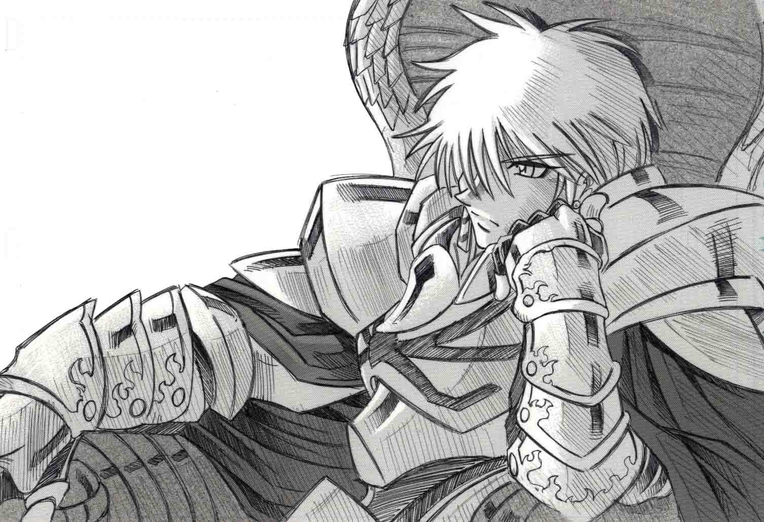HD black-and-white anime wallpaper of Archer from Fate/Stay Night, showcasing detailed armor and a contemplative pose in a Fate/Stay Night PC desktop background.