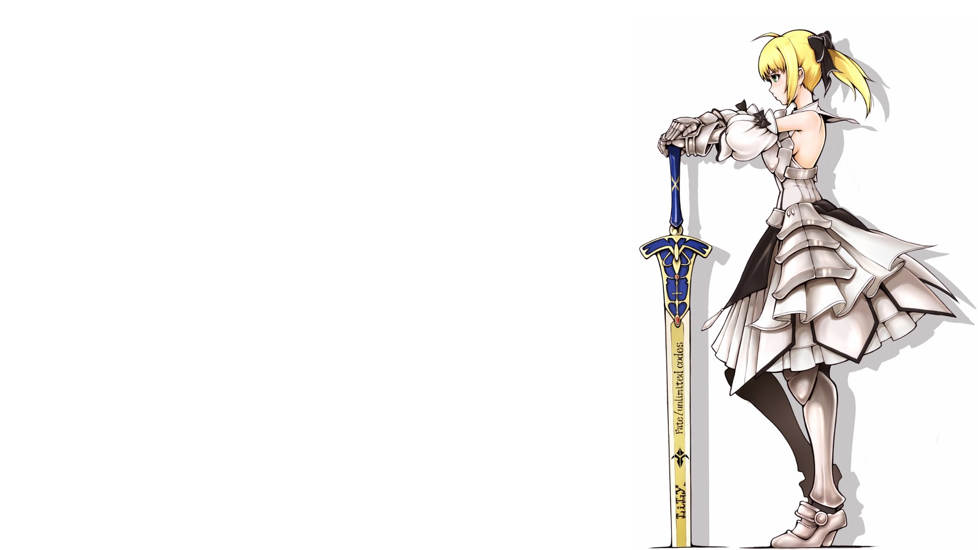 HD PC desktop wallpaper featuring Saber Lily from the anime Fate/Stay Night, standing with her ornate sword against a clean white background.