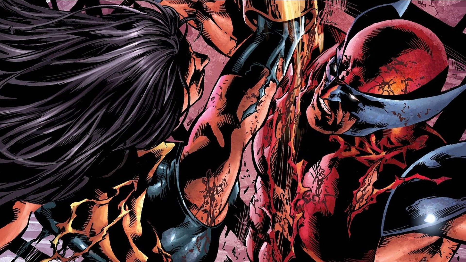 HD PC desktop wallpaper: comic-style close-up of Wolverine clashing with a Dark Avengers member, brutal action, torn costume and blood-splatter on a dark, high-contrast background.