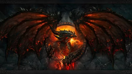 HD desktop wallpaper featuring Deathwing, a dragon from World of Warcraft: Cataclysm, set against a dark, fiery background.
