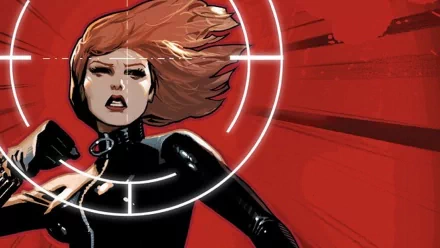 HD comic-style Black Widow desktop wallpaper featuring the superhero in an action pose with a red background and targeting reticle graphic.
