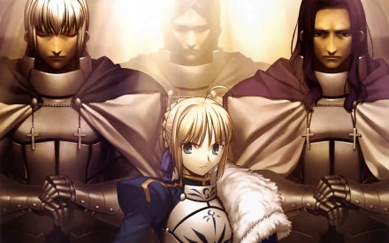HD anime desktop wallpaper featuring Lancelot, Gawain, and Altria from Fate/Zero, showcasing the three armored characters in a dramatic, glowing backdrop.