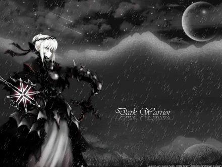 A striking HD wallpaper featuring Saber Alter from Fate/Stay Night, depicted as a dark warrior against a dramatic, rainy backdrop with swirling clouds and distant moons.