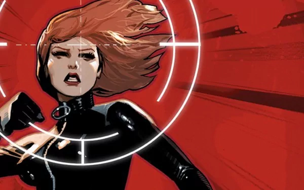 HD comic-style Black Widow desktop wallpaper featuring the superhero in an action pose with a red background and targeting reticle graphic.