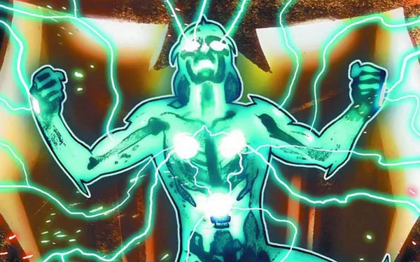 Comic Nova glowing with teal energy, chest core blazing, fists raised as lightning arcs around him in a dramatic pose — HD PC desktop wallpaper.