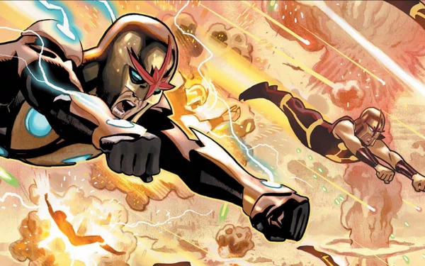 HD PC desktop wallpaper featuring Marvel Comics' Nova soaring through a dynamic cosmic battle scene with vibrant energy and explosive effects.