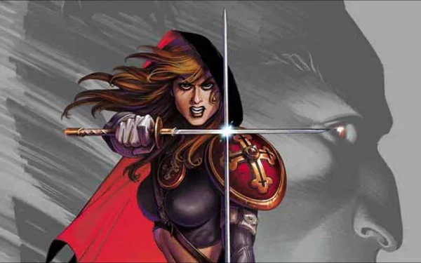HD PC desktop wallpaper featuring Magdalena from comics, brandishing a sword with a determined expression against a grayscale background silhouette.