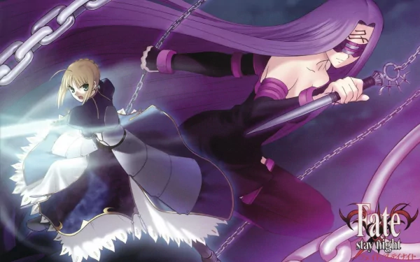 Rider (Fate/stay night) and Saber (Fate series) clash in an anime HD PC desktop wallpaper background — Rider wields chained blades as Saber counters with her sword amid a stormy purple-blue backdrop.