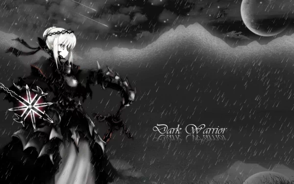 A striking HD wallpaper featuring Saber Alter from Fate/Stay Night, depicted as a dark warrior against a dramatic, rainy backdrop with swirling clouds and distant moons.