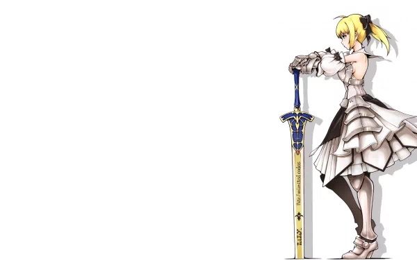 HD PC desktop wallpaper featuring Saber Lily from the anime Fate/Stay Night, standing with her ornate sword against a clean white background.